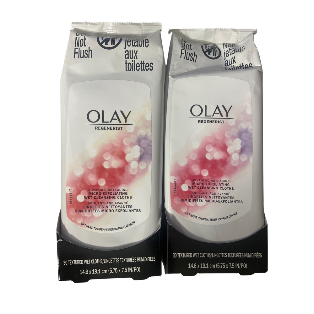 2 Pack Olay Regenerist Micro-Exfoliating Wet Cleansing Cloths 30ct Each Skincare